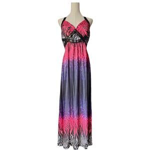 2B Bebe Animal Print Babydoll Maxi Dress Sz L Maximalism Y2K 2000s Halter Lined
